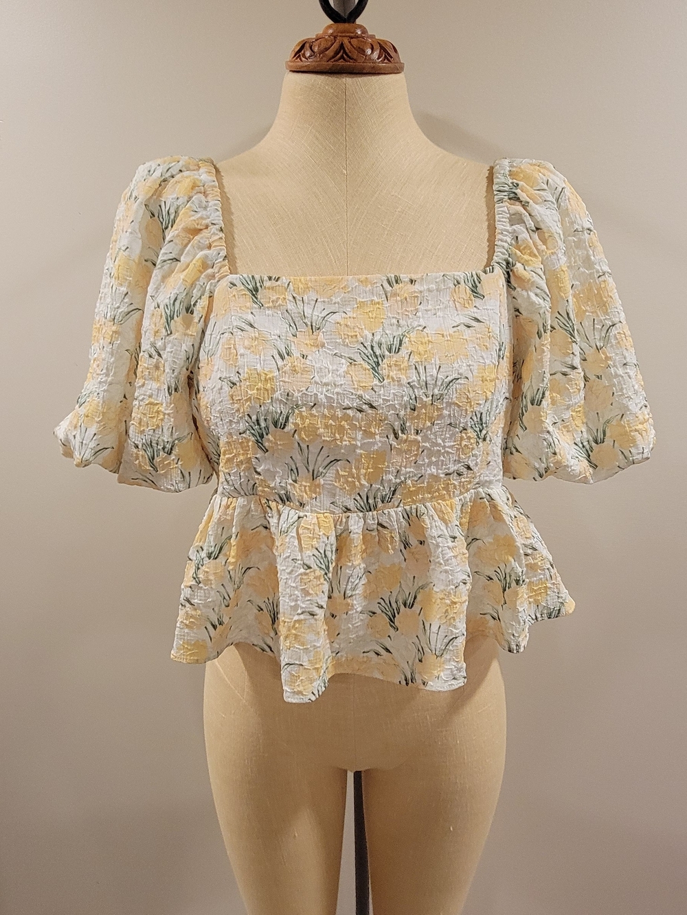 English Factory Smocked Square-Neck Peplum Top - Yellow Floral